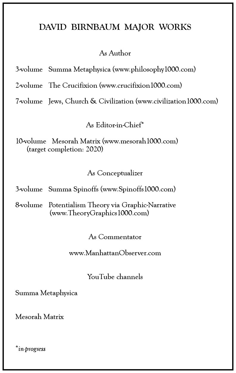 DAVID BIRNBAUM MAJOR WORKS As Author 3-volume Summa Metaphysica (www.philosophy1000.com) 2-volume The Crucifixion (www.crucifixion1000.com) 7-volume Jews, Church & Civilization (www.civilization1000.com) As Editor-in-Chief* 10-volume Mesorah Matrix (www.mesorah1000.com) (target completion: 2020) As Conceptualizer 3-volume Summa Spinoffs (www.Spinoffs1000.com) 8-volume Potentialism Theory via Graphic-Narrative (www.TheoryGraphics1000.com) As Commentator www.ManhattanObserver.com YouTube channels Summa Metaphysica Mesorah Matrix *in-progress